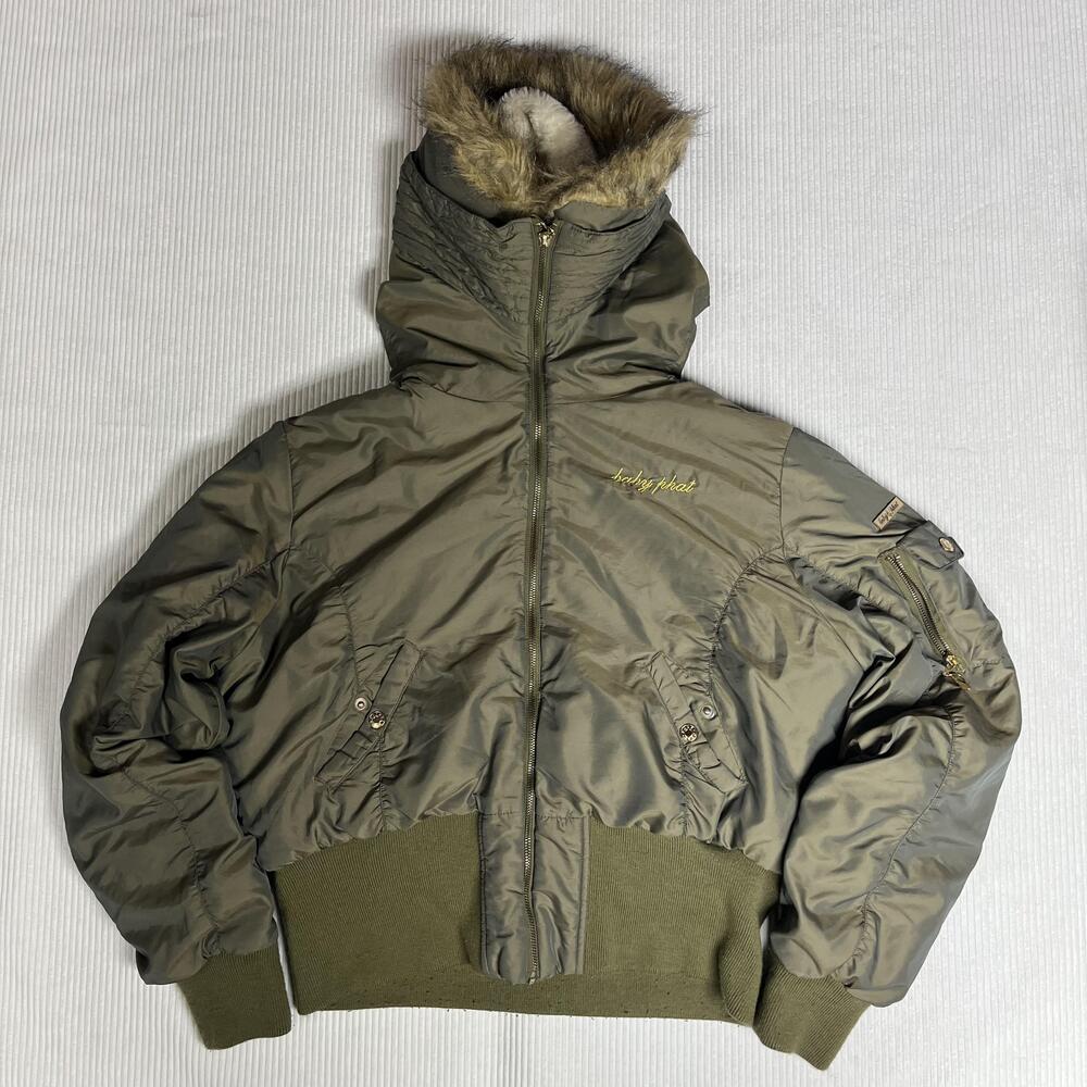 Baby Phat Jacket Y2k Womens XL Green Bomber Faux Fur Hood Logo Hip Hop Warm